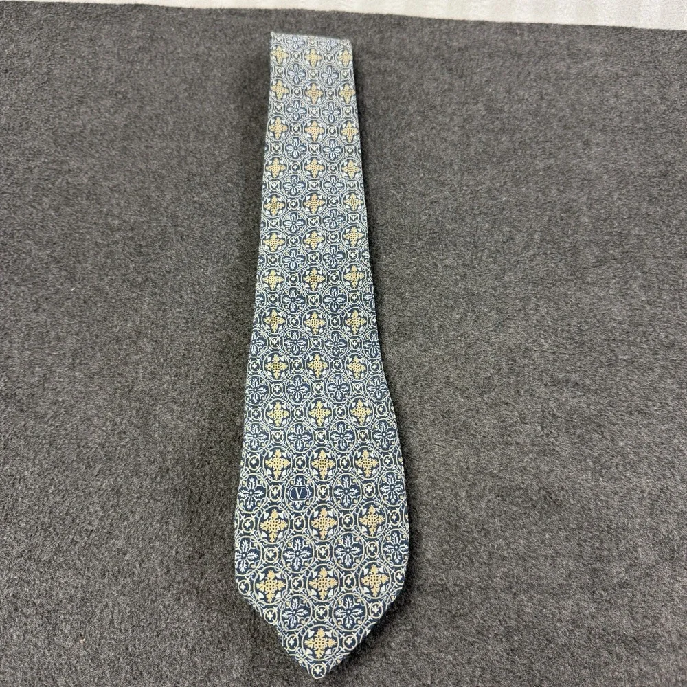 Vtg Valentino Cravatte Silk Tie Italy Medallion Geometric Blue Gold Mosaic Mens
